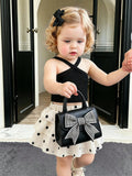 SHEIN Souflis Souflis 2026 Summer New Girls Black And White Polka Dot Cake Dress Set, Cross Strap Design Sweet Cool Style 2 Pieces Set, Baby Girl Korean Style Fashionable Vacation Princess Dress