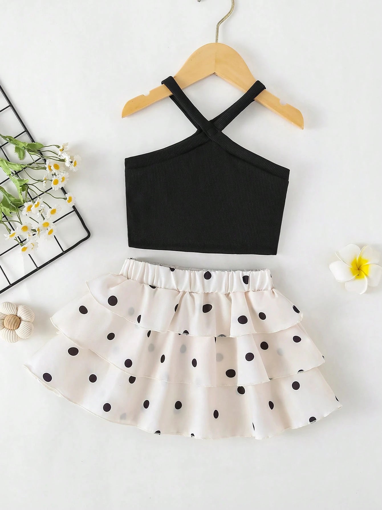 SHEIN Souflis Souflis 2026 Summer New Girls Black And White Polka Dot Cake Dress Set, Cross Strap Design Sweet Cool Style 2 Pieces Set, Baby Girl Korean Style Fashionable Vacation Princess Dress