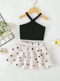 SHEIN Souflis Souflis 2026 Summer New Girls Black And White Polka Dot Cake Dress Set, Cross Strap Design Sweet Cool Style 2 Pieces Set, Baby Girl Korean Style Fashionable Vacation Princess Dress