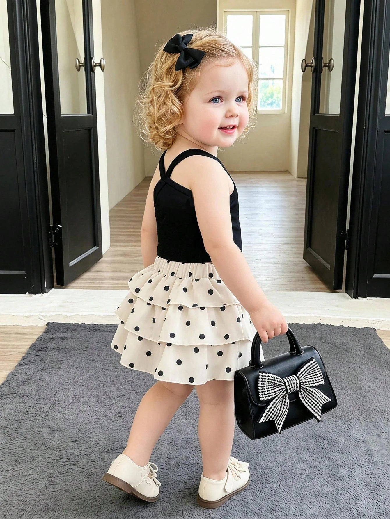 SHEIN Souflis Souflis 2026 Summer New Girls Black And White Polka Dot Cake Dress Set, Cross Strap Design Sweet Cool Style 2 Pieces Set, Baby Girl Korean Style Fashionable Vacation Princess Dress