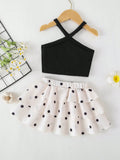 SHEIN Souflis Souflis 2026 Summer New Girls Black And White Polka Dot Cake Dress Set, Cross Strap Design Sweet Cool Style 2 Pieces Set, Baby Girl Korean Style Fashionable Vacation Princess Dress