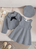 SHEIN Souflis Souflis 3pcs/Set Baby Girls Autumn/Winter Classic Elegant Wool Blend Short Cardigan, Sleeveless Dress And Beret Hat Outfit, Soft And Comfortable Fabric, Suitable For Outings