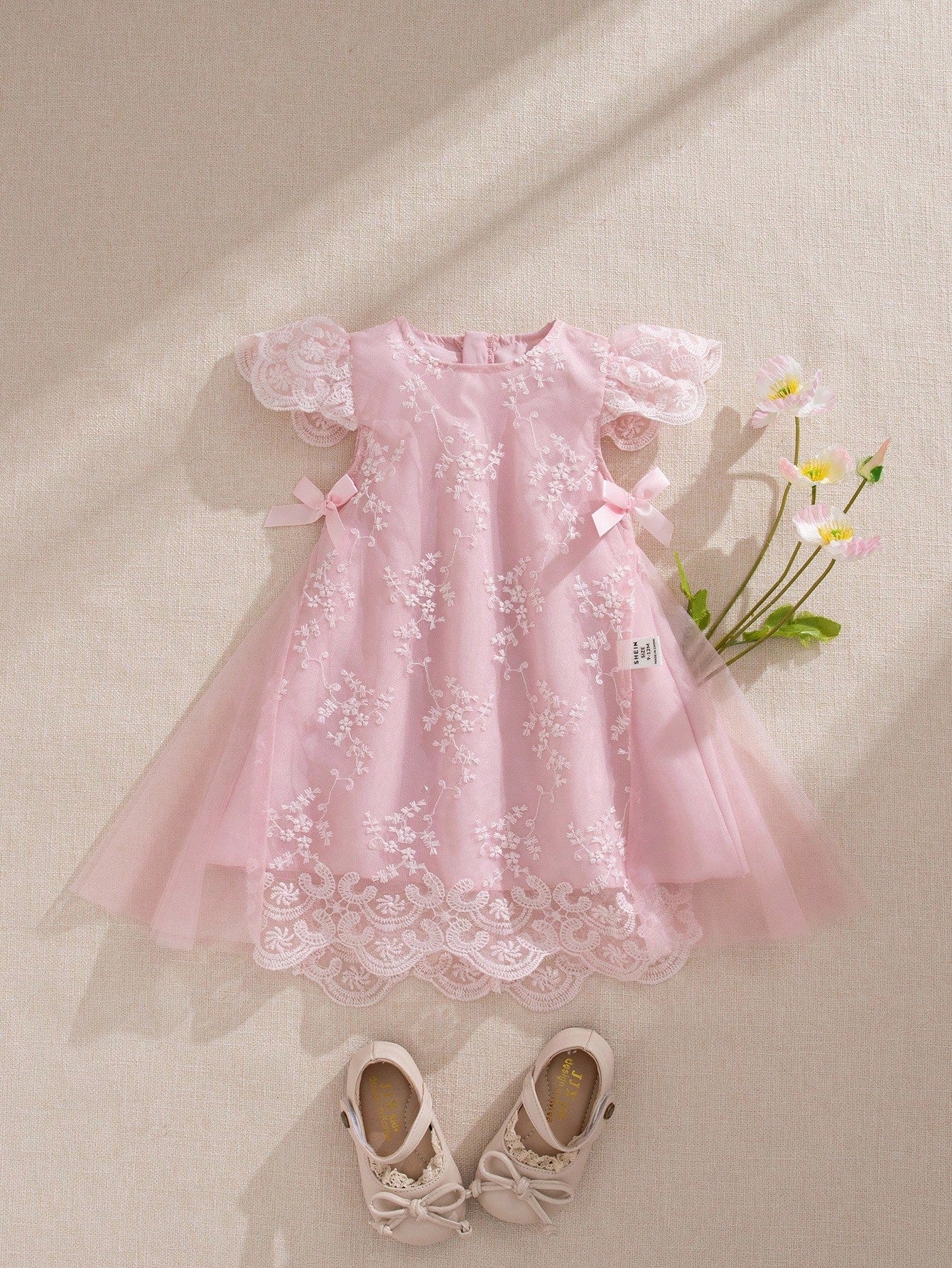 SHEIN Souflis Souflis Baby Girl Princess Style Apricot Embroidered Mesh Bow Dress
