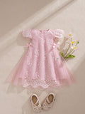 SHEIN Souflis Souflis Baby Girl Princess Style Apricot Embroidered Mesh Bow Dress