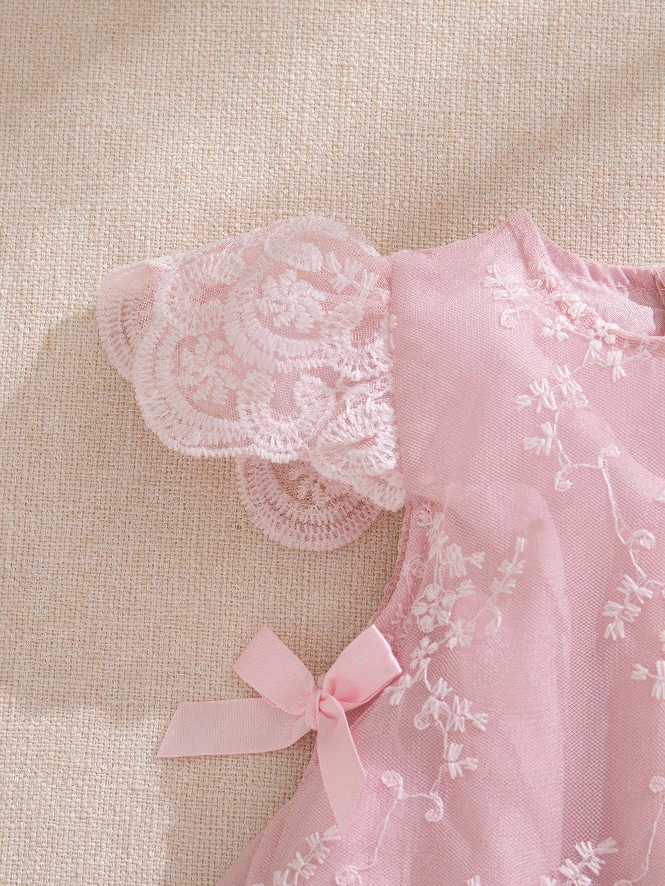SHEIN Souflis Souflis Baby Girl Princess Style Apricot Embroidered Mesh Bow Dress
