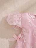 SHEIN Souflis Souflis Baby Girl Princess Style Apricot Embroidered Mesh Bow Dress