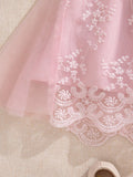 SHEIN Souflis Souflis Baby Girl Princess Style Apricot Embroidered Mesh Bow Dress