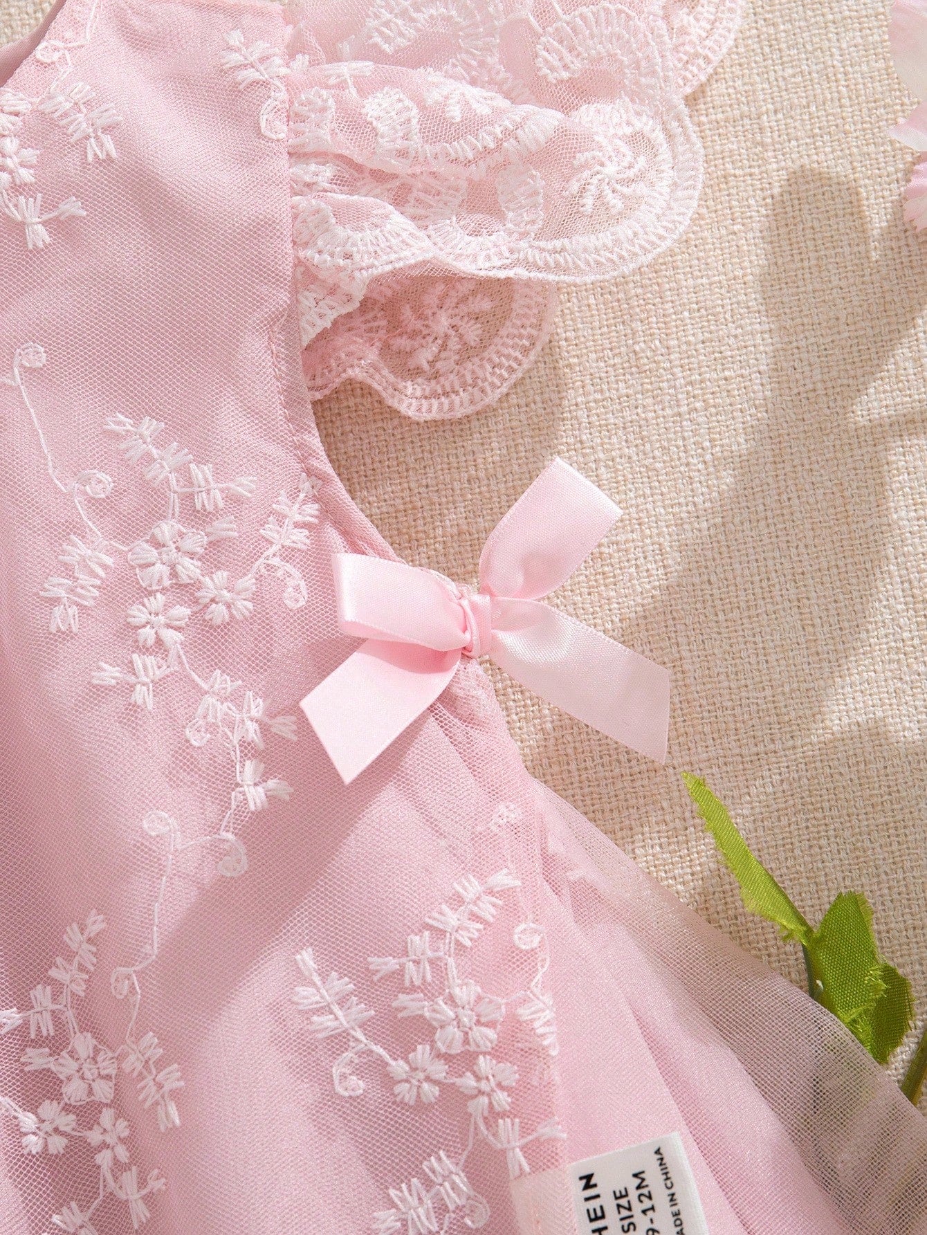 SHEIN Souflis Souflis Baby Girl Princess Style Apricot Embroidered Mesh Bow Dress