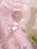 SHEIN Souflis Souflis Baby Girl Princess Style Apricot Embroidered Mesh Bow Dress