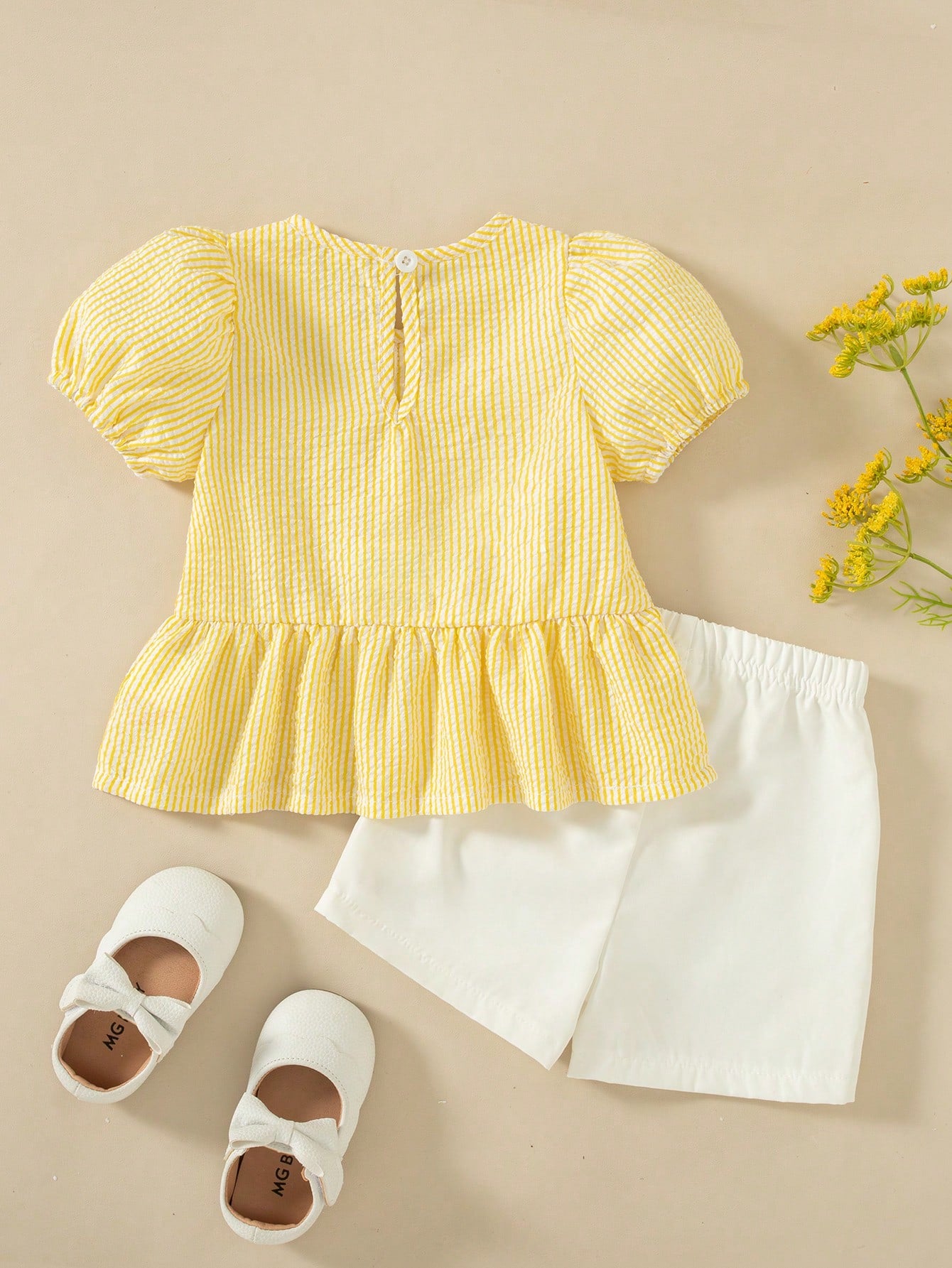 SHEIN Souflis Souflis French Style 0-3 Years Old Baby Girl Striped Bow Outfit