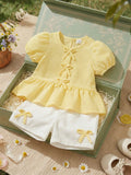 SHEIN Souflis Souflis French Style 0-3 Years Old Baby Girl Striped Bow Outfit