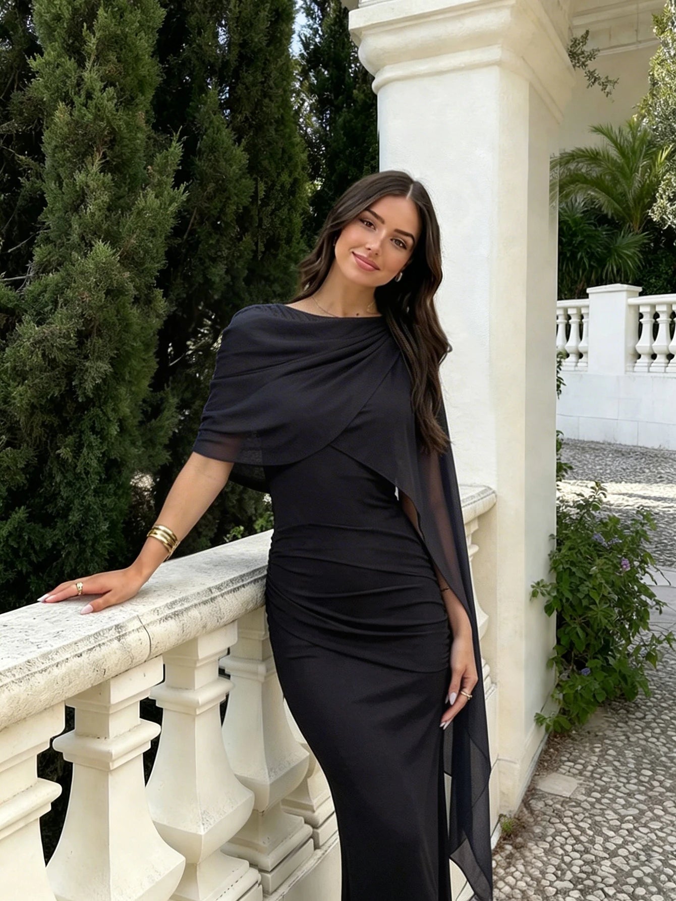 SHEIN Spring/Summer Elegant Party Dress, Black 2 In 1 Dress, Women's Sexy Mesh Splice Cloak Flare Sleeve Ruched Knit Fabric Fitted Dress
