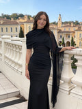 SHEIN Spring/Summer Elegant Party Dress, Black 2 In 1 Dress, Women's Sexy Mesh Splice Cloak Flare Sleeve Ruched Knit Fabric Fitted Dress