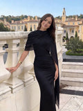SHEIN Spring/Summer Elegant Party Dress, Black 2 In 1 Dress, Women's Sexy Mesh Splice Cloak Flare Sleeve Ruched Knit Fabric Fitted Dress