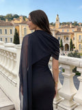 SHEIN Spring/Summer Elegant Party Dress, Black 2 In 1 Dress, Women's Sexy Mesh Splice Cloak Flare Sleeve Ruched Knit Fabric Fitted Dress