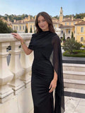SHEIN Spring/Summer Elegant Party Dress, Black 2 In 1 Dress, Women's Sexy Mesh Splice Cloak Flare Sleeve Ruched Knit Fabric Fitted Dress