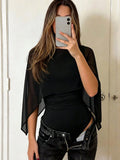 SHEIN Spring/Summer Women's Romantic Elegant Fashion Chiffon Shawl Design With Knitted Pleated Lining, Girls Night Out Autumn Black