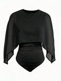 SHEIN Spring/Summer Women's Romantic Elegant Fashion Chiffon Shawl Design With Knitted Pleated Lining, Girls Night Out Autumn Black