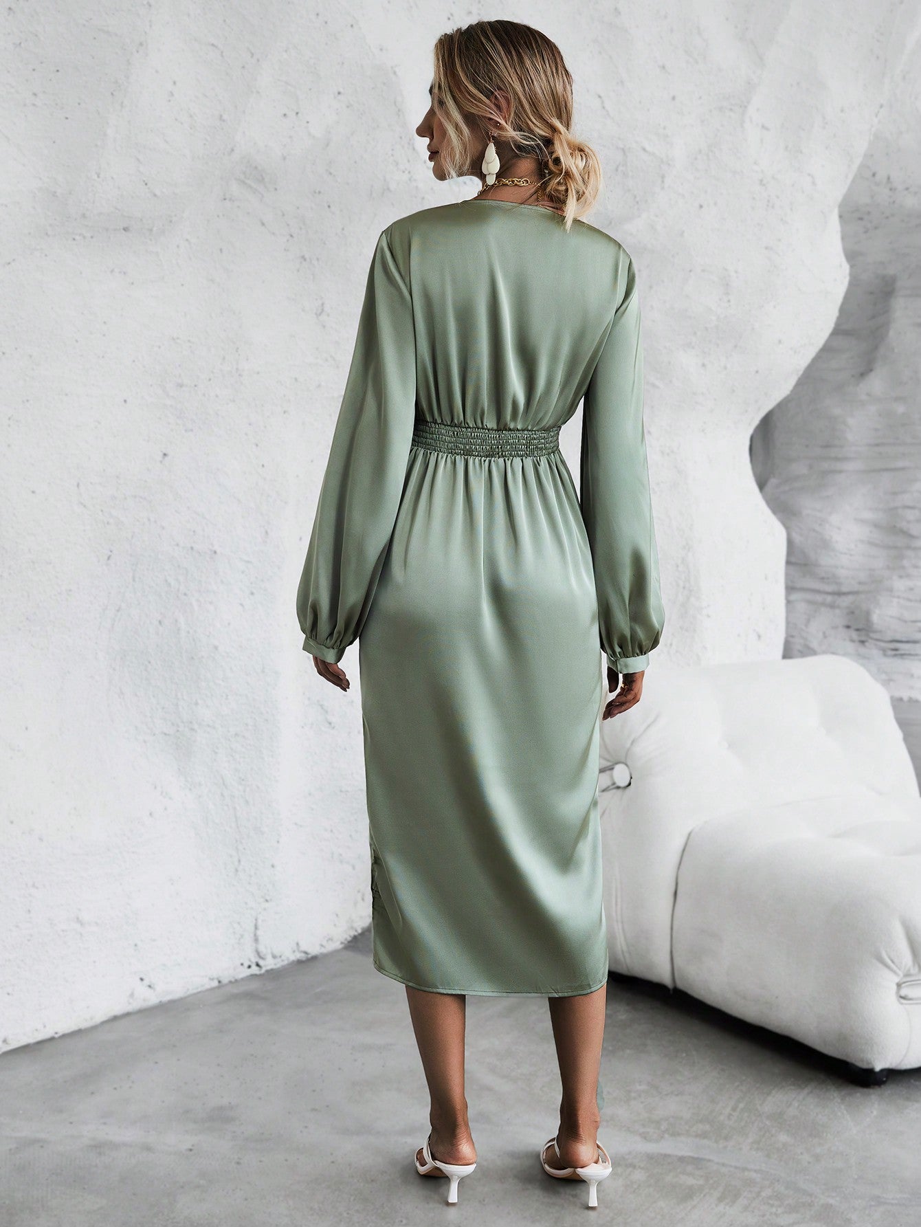  | SHEIN Square Neck Lantern Sleeve Split Thigh Satin Dress | Dress | Shein | OneHub