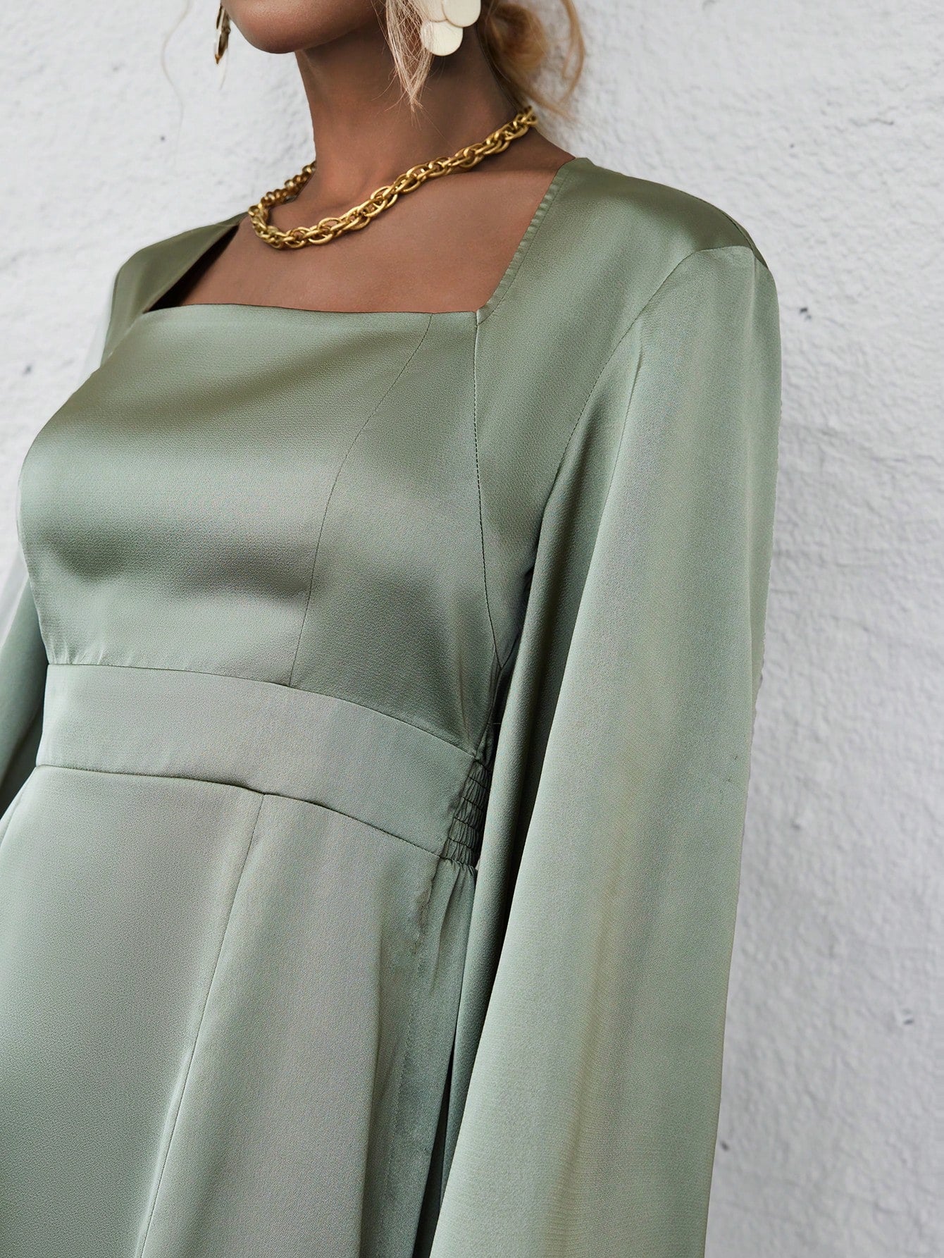  | SHEIN Square Neck Lantern Sleeve Split Thigh Satin Dress | Dress | Shein | OneHub