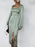  | SHEIN Square Neck Lantern Sleeve Split Thigh Satin Dress | Dress | Shein | OneHub