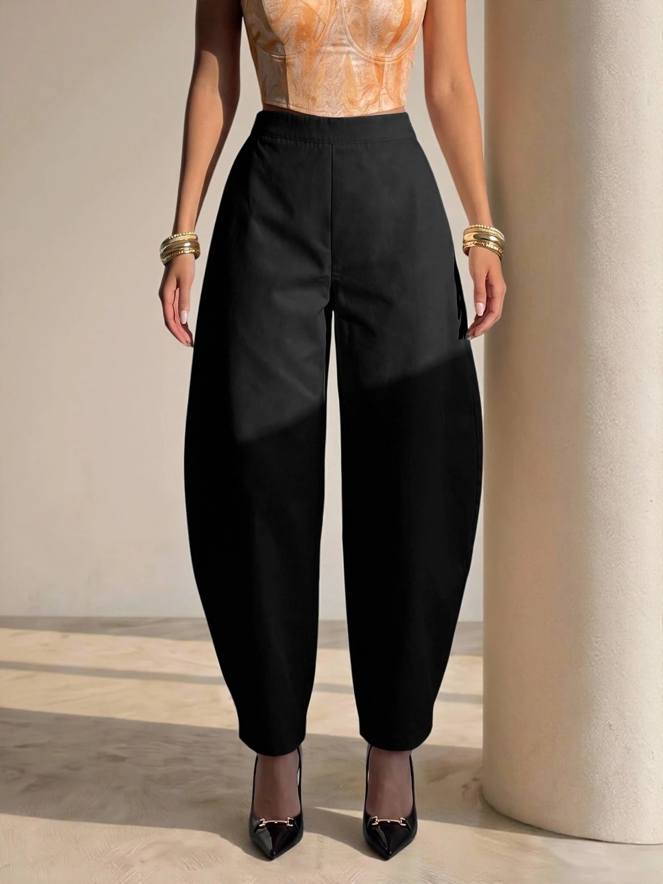 SHEIN Structelle Standard Size Elegant Women's Red Pleated Balloon Pants For Daily Commute, Office, Client Visits, Business Meetings, Afternoon Tea, Shopping, Dates, Art Exhibitions, Art Activities, Friends Gatherings / Light Parties, Family Gatherings