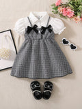 SHEIN Summer Baby Girl Elegant Dress, White Shirt Collar Puff Sleeve, Black & White Plaid Main Color, Black Bow Decor, Fashionable & Chic Outfit For Baby Girl Party & Outing