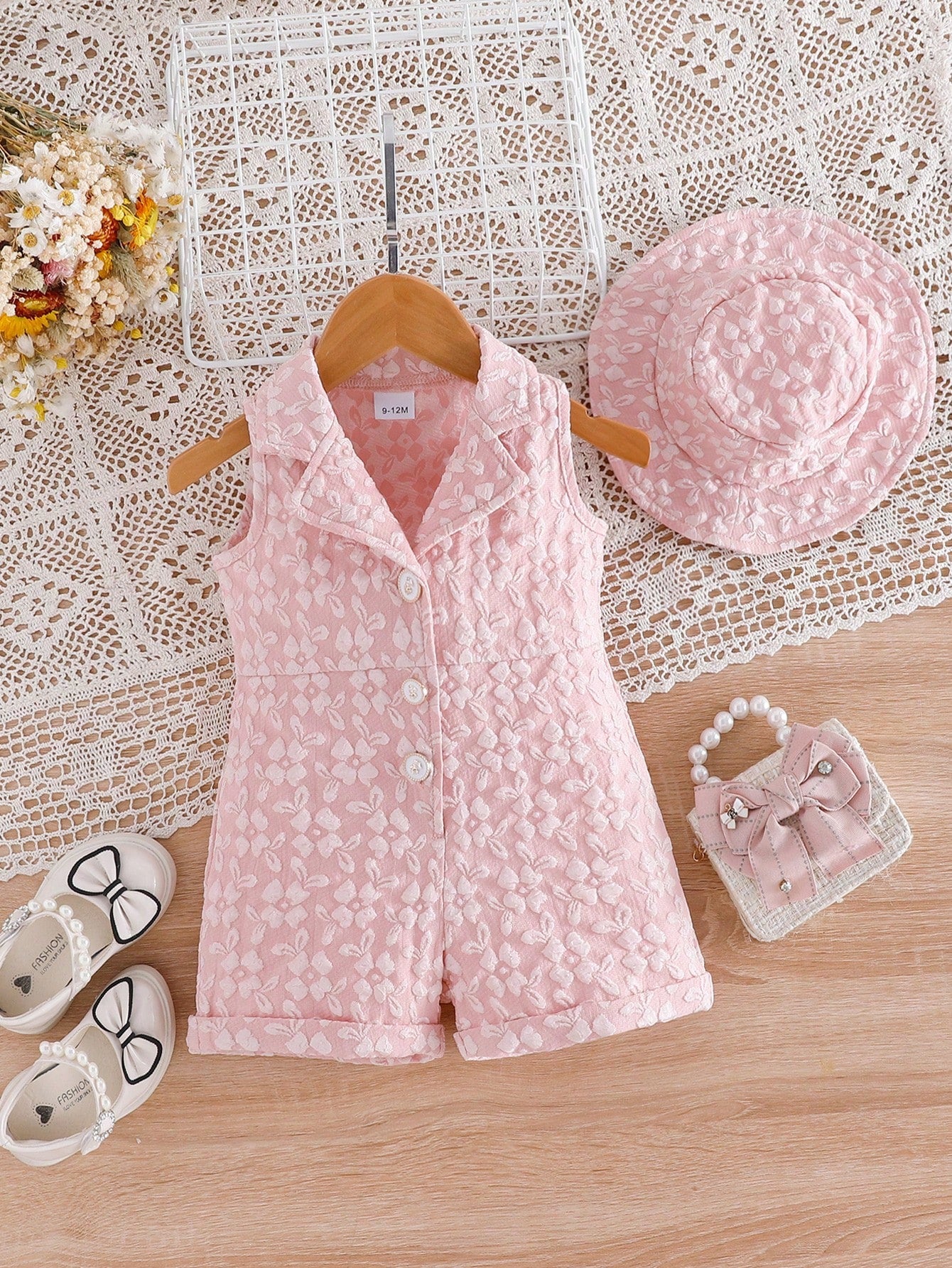 SHEIN Summer Baby Girls Cute 3D Floral Vest Romper & Bucket Hat 2Pcs Set