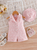 SHEIN Summer Baby Girls Cute 3D Floral Vest Romper & Bucket Hat 2Pcs Set