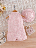 SHEIN Summer Baby Girls Cute 3D Floral Vest Romper & Bucket Hat 2Pcs Set