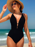  | SHEIN Summer Beach Solid Color Deep V-Neck Backless Sexy One-Piece Swimsuit | Lingerie | Shein | OneHub