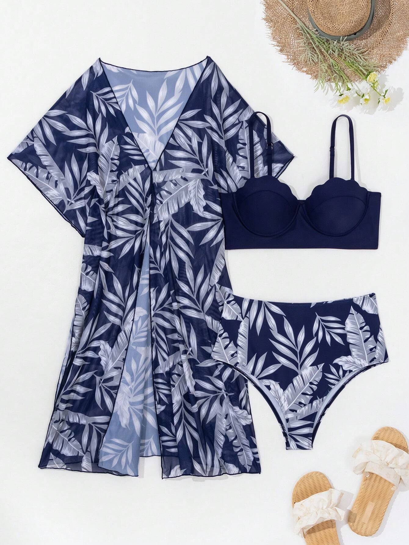  | SHEIN Summer Beach Tropical Print Push Up Bikini Set With Kimono | Lingerie | Shein | OneHub