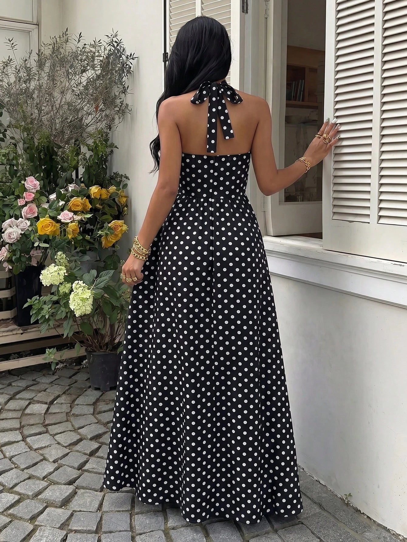 SHEIN Sunnyshic Women's Black Polka Dot Strapless Tie Design Ruched Waist Slimming Waist Summer European American Fashion Vintage Polka Dot Date Vacation Style Dress