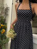 SHEIN Sunnyshic Women's Black Polka Dot Strapless Tie Design Ruched Waist Slimming Waist Summer European American Fashion Vintage Polka Dot Date Vacation Style Dress