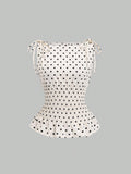 SHEIN Sweetra Women's Elegant Dotted Bow Tied Shoulder Waist Drawstring Slim Fit Casual Daily Commute Versatile Tank Top, Spring/Summer Polka Dot Polka Dots