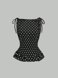 SHEIN Sweetra Women's Elegant French Style Polka Dot Bow Shoulder Tie Waist Slim Fit Casual Versatile Tank Top, Spring/Summer