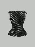 SHEIN Sweetra Women's Elegant French Style Polka Dot Bow Shoulder Tie Waist Slim Fit Casual Versatile Tank Top, Spring/Summer