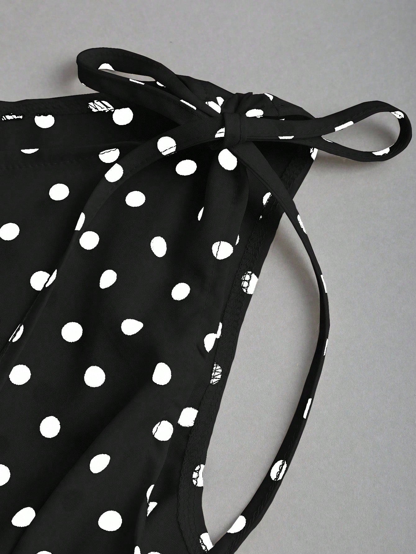 SHEIN Sweetra Women's Elegant French Style Polka Dot Bow Shoulder Tie Waist Slim Fit Casual Versatile Tank Top, Spring/Summer