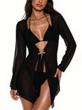 SHEIN Swim Basics Women's Summer Plain Color 3/4 Sleeve Beach Vacation Cover Up Kimono Coverup