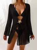 SHEIN Swim Basics Women's Summer Plain Color 3/4 Sleeve Beach Vacation Cover Up Kimono Coverup