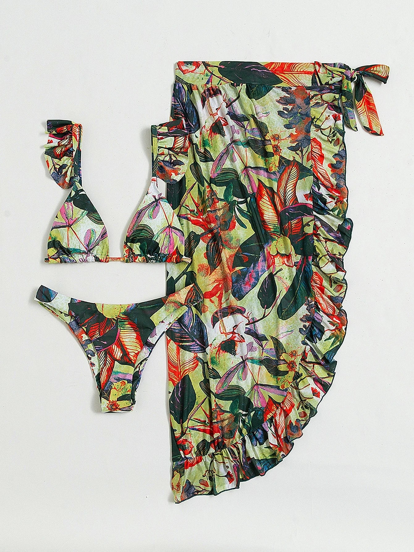  | SHEIN Swim Chiccia Summer Beach Tropical Print Bikini Set Frill Trim Micro Bra & Hipster Bottom & Beach Skirt 3 Piece Bathing Suit | Lingerie | Shein | OneHub