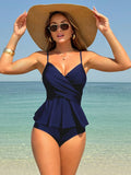 SHEIN Swim Lushoire Summer 2pcs Solid Color Criss-Cross Twist Front Ruffle Hem Swimwear Set