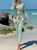  | SHEIN Swim Mulvari 2pcs/Set Women Tropical Plant & Flower Pattern Tight Casual Long Sleeve Beach Burkini Set | Burkini | Shein | OneHub