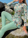  | SHEIN Swim Mulvari 2pcs/Set Women Tropical Plant & Flower Pattern Tight Casual Long Sleeve Beach Burkini Set | Burkini | Shein | OneHub