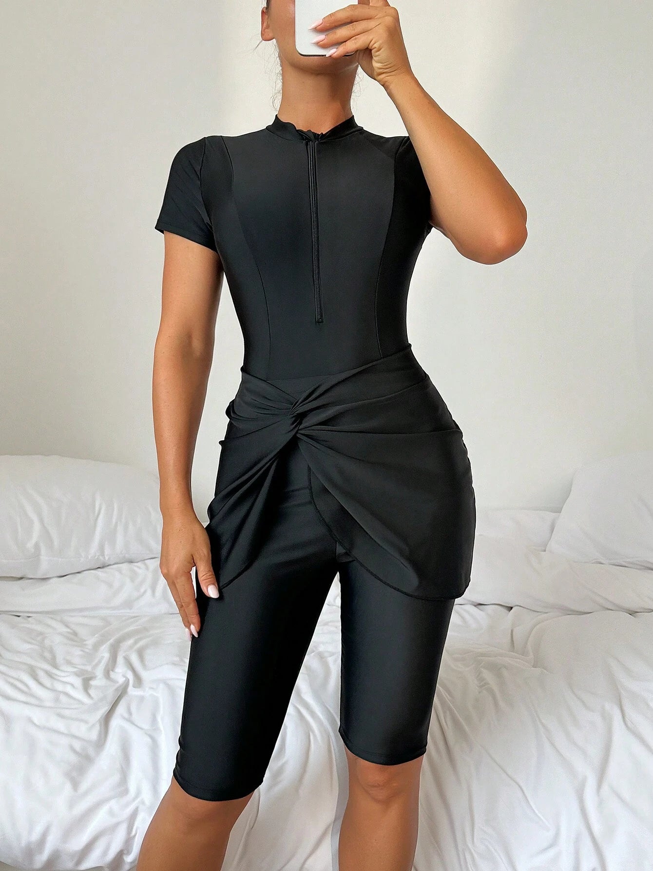  | SHEIN Swim Mulvari 3pcs/Set Women Solid Color Crew Neck Short Sleeve Zipper Burkini Top, Swim Shorts And Mini Skirt Swimsuit, Sports Surfwear SummerArabic Clothing | Lingerie | Shein | OneHub