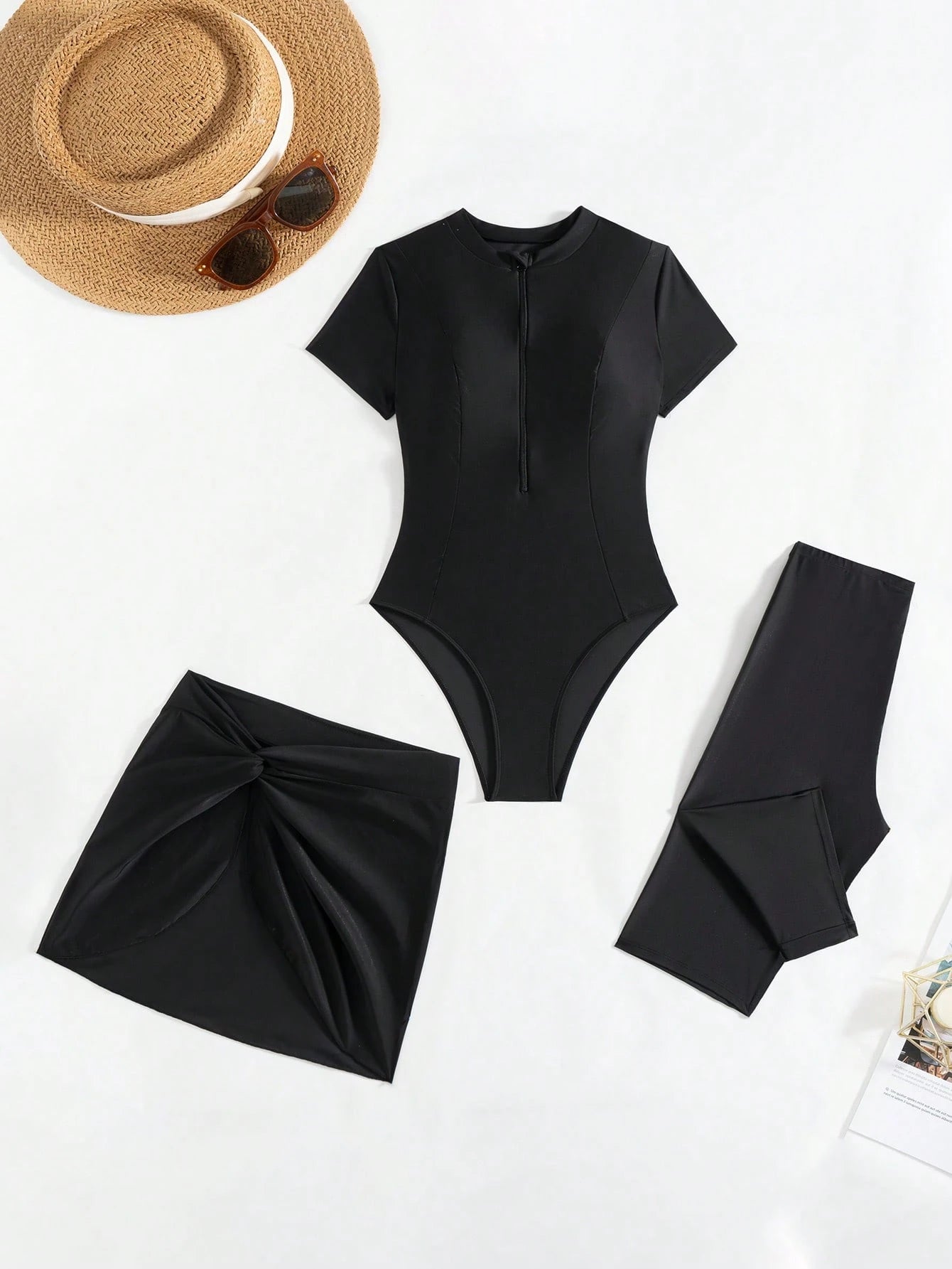  | SHEIN Swim Mulvari 3pcs/Set Women Solid Color Crew Neck Short Sleeve Zipper Burkini Top, Swim Shorts And Mini Skirt Swimsuit, Sports Surfwear SummerArabic Clothing | Lingerie | Shein | OneHub