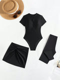  | SHEIN Swim Mulvari 3pcs/Set Women Solid Color Crew Neck Short Sleeve Zipper Burkini Top, Swim Shorts And Mini Skirt Swimsuit, Sports Surfwear SummerArabic Clothing | Lingerie | Shein | OneHub