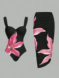 SHEIN Swim Oasis 1pc Women's Floral Print Spaghetti Strap One-Piece Swimsuit With Sarong