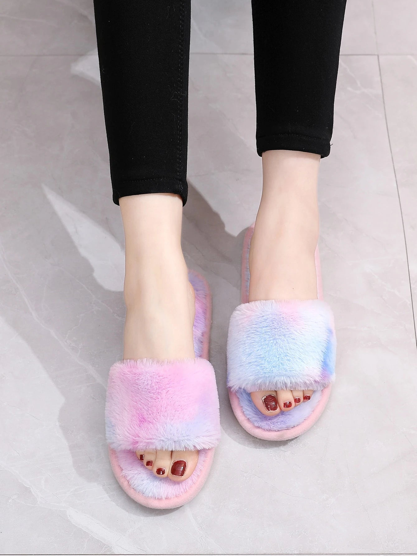 SHEIN Tie Dye Fluffy Bedroom Slippers,Winter Slippers Women's Home Indoor Non-Slip Warm Long Plush Soft Slippers.