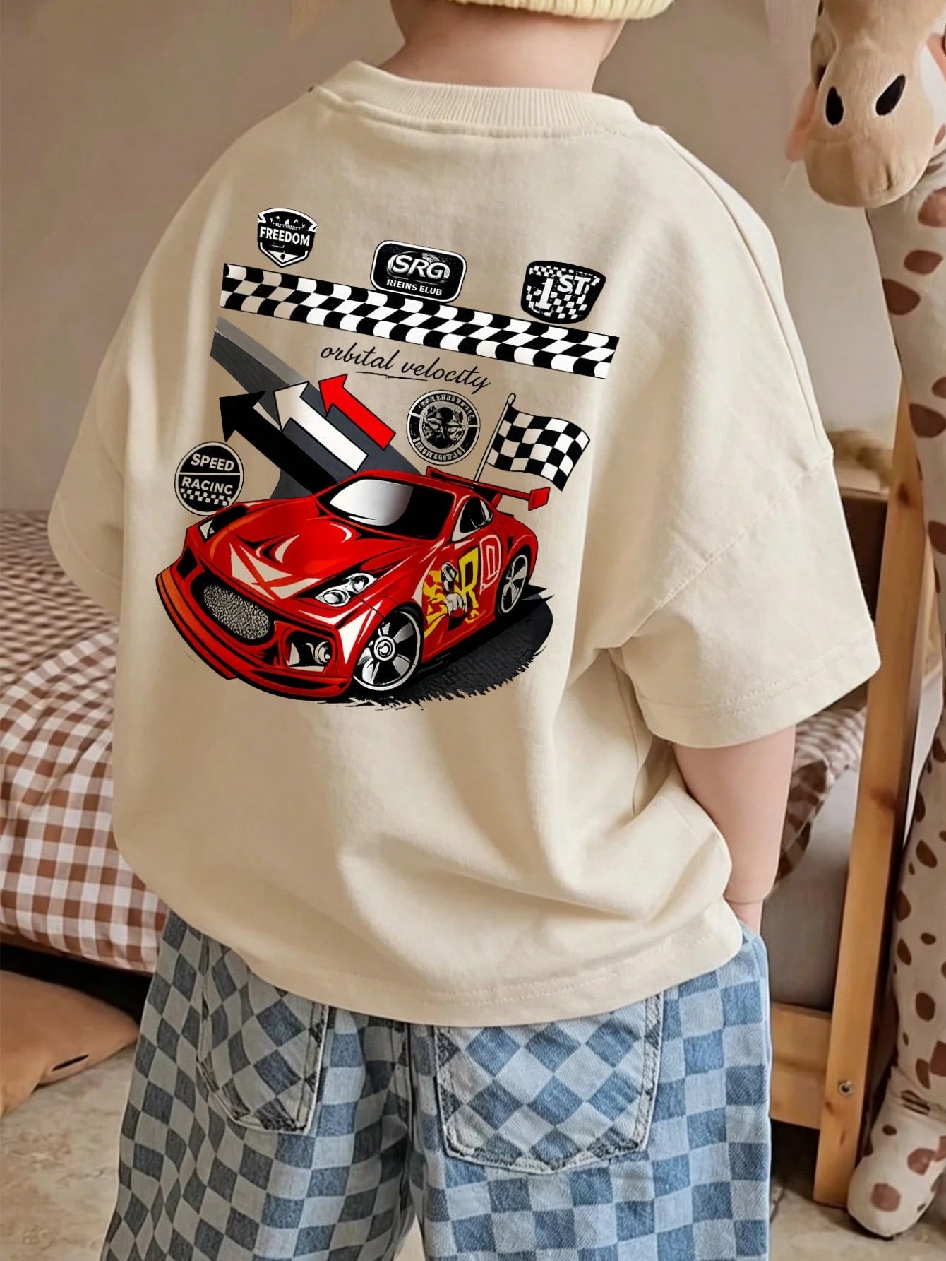 SHEIN Toddler Boys' Casual Race Car Graphic Round Neck Short Sleeve T-Shirt